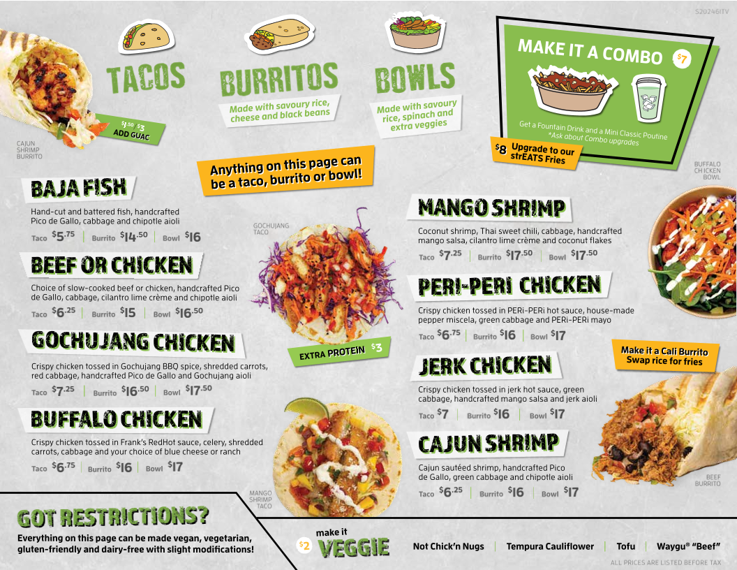 Menu, Streats Kanata Kitchen