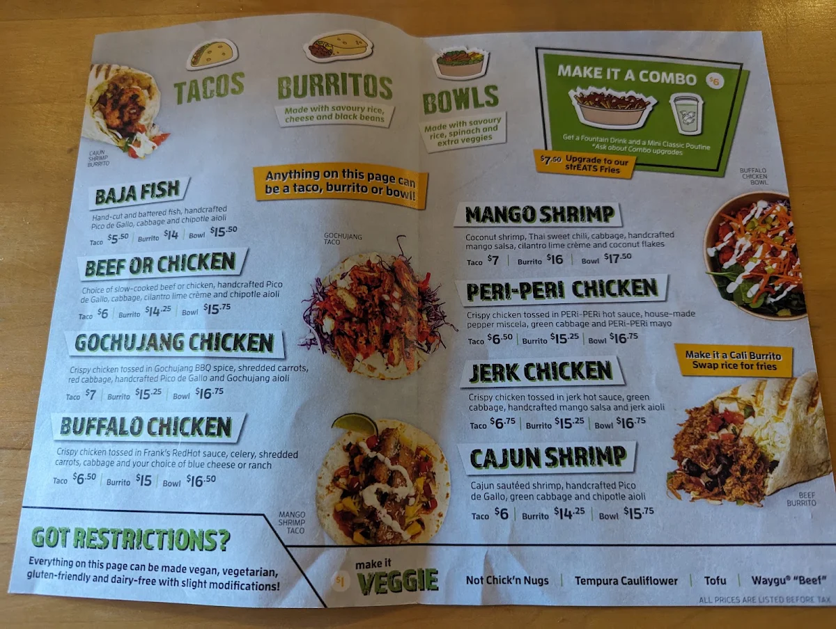 Menu, Streats Kanata Kitchen