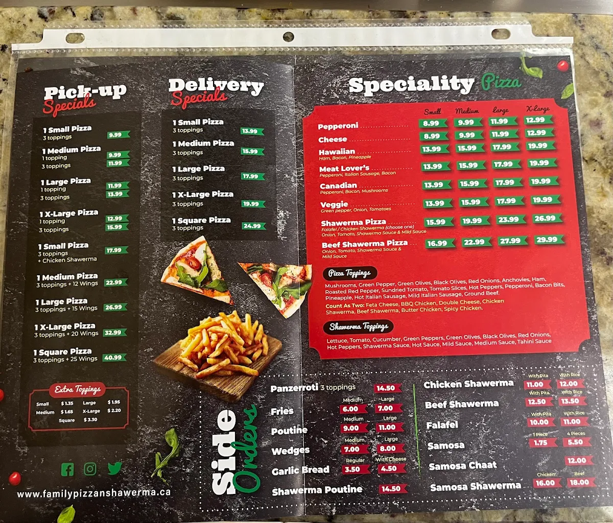 Menu, Family Pizza & Shawerma