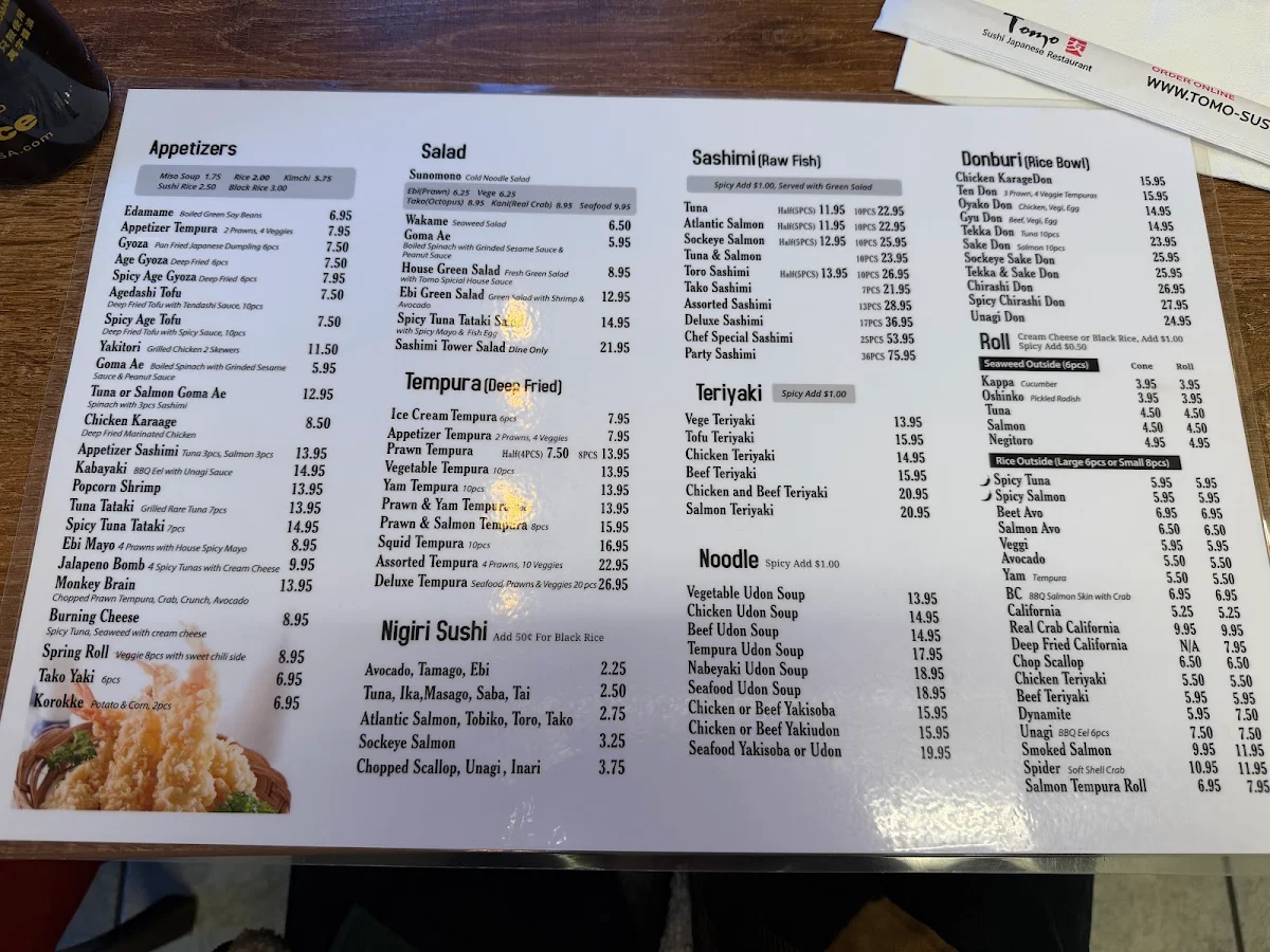 Menu, Tomo Sushi