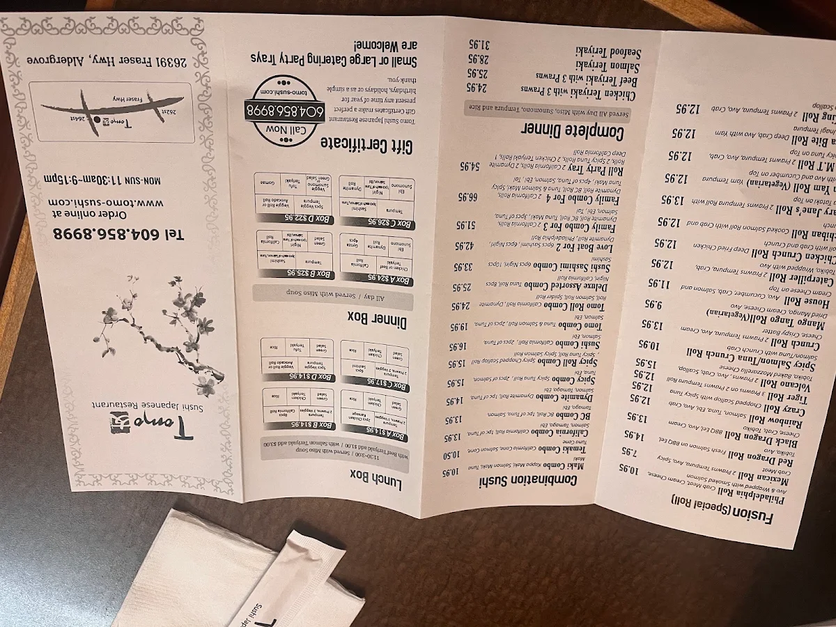 Menu, Tomo Sushi