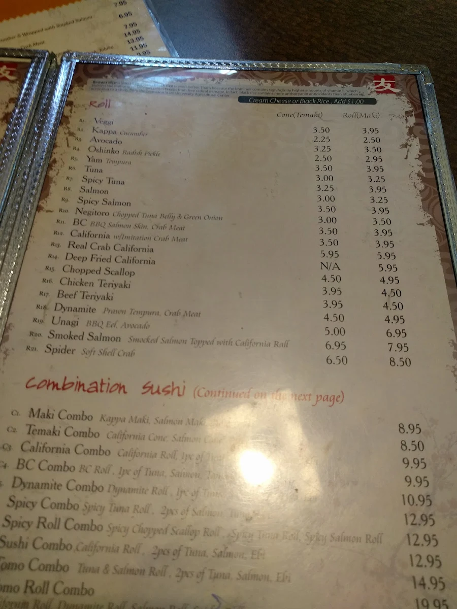 Menu, Tomo Sushi