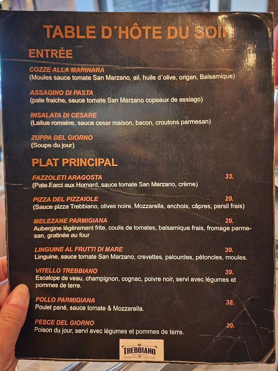 Menu, Restaurant Trebbiano