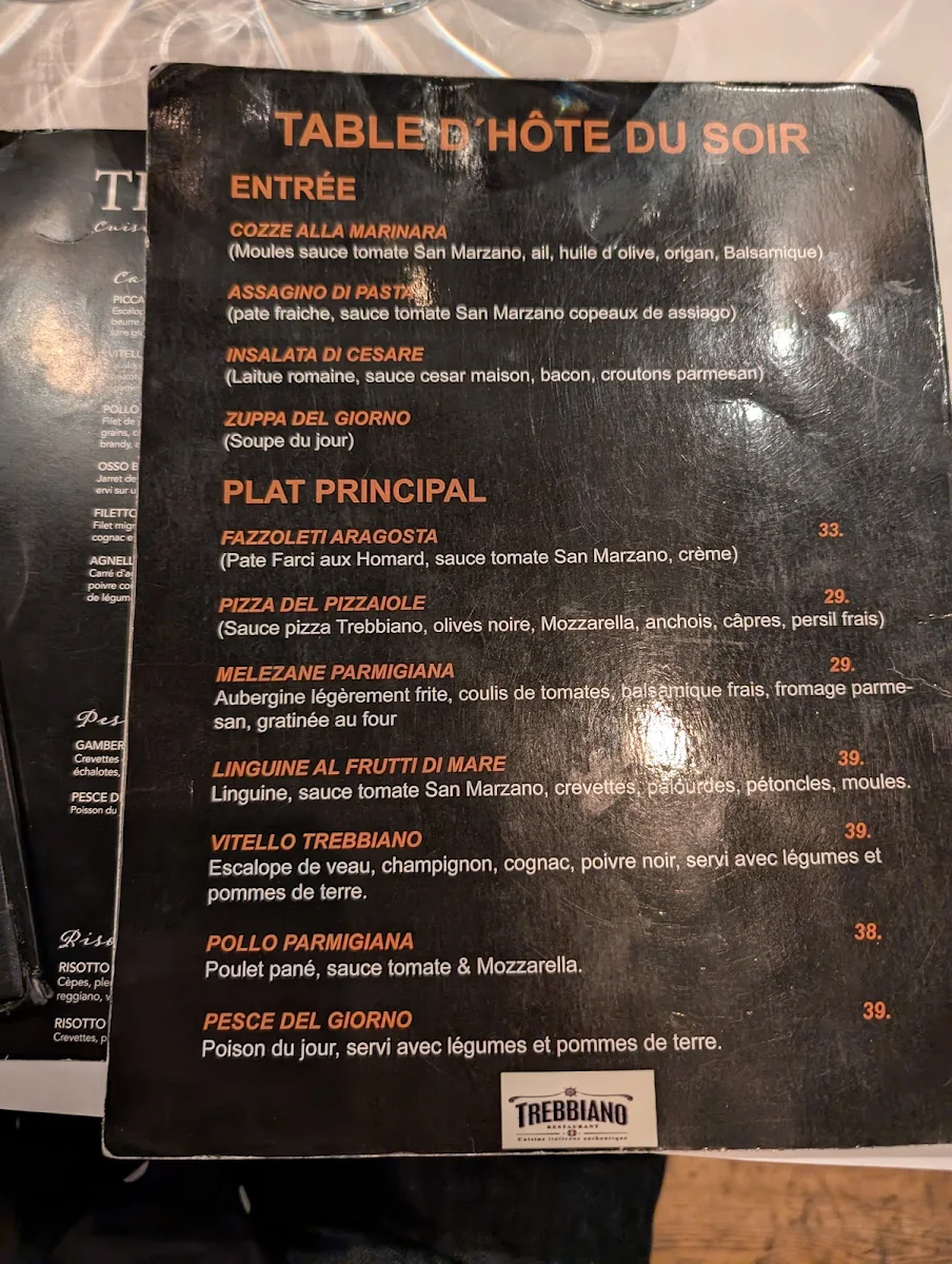 Menu, Restaurant Trebbiano