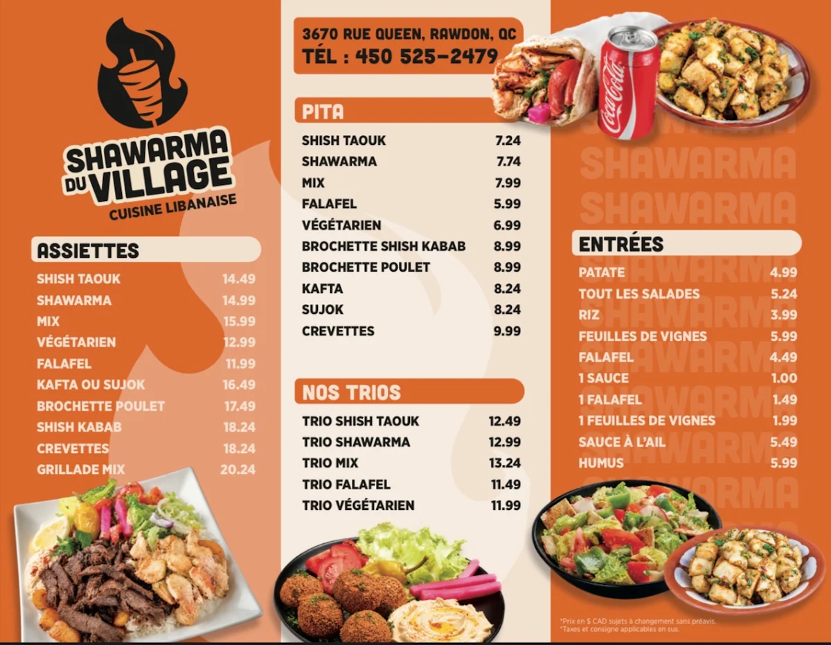 Menu, Shawarma Du Village