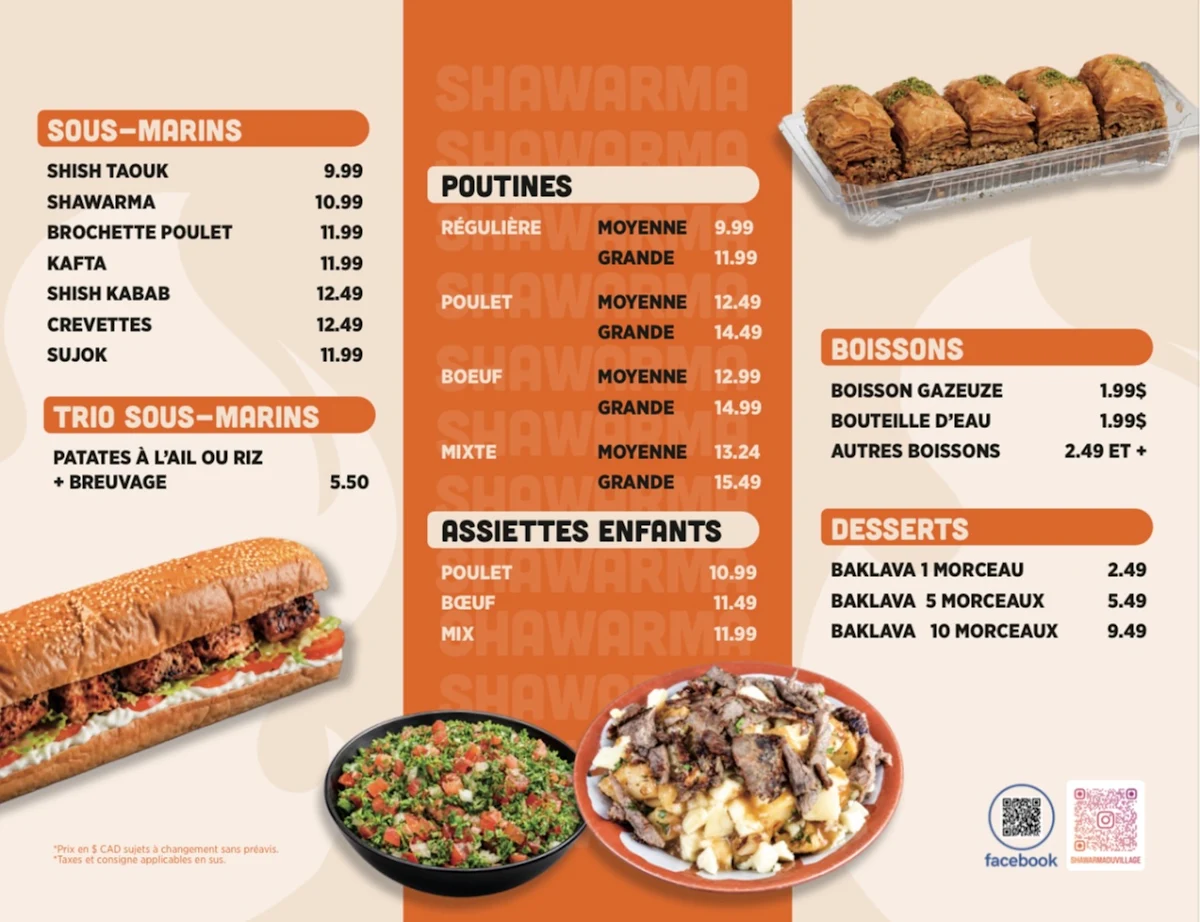 Menu, Shawarma Du Village
