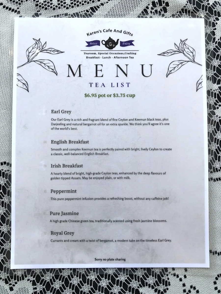 Menu, Karen's Cafe And Gifts