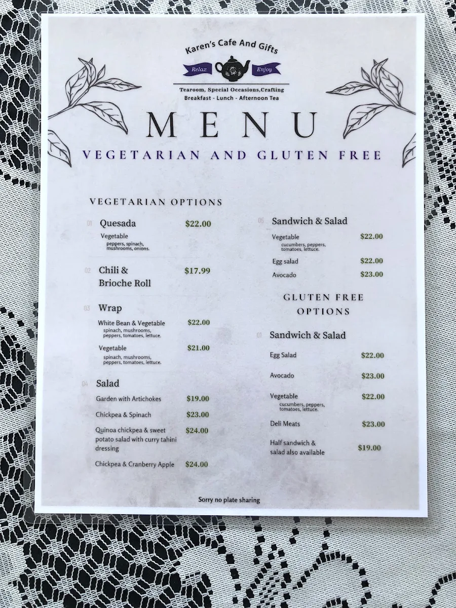 Menu, Karen's Cafe And Gifts