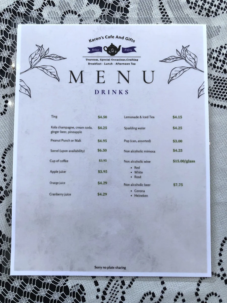 Menu, Karen's Cafe And Gifts