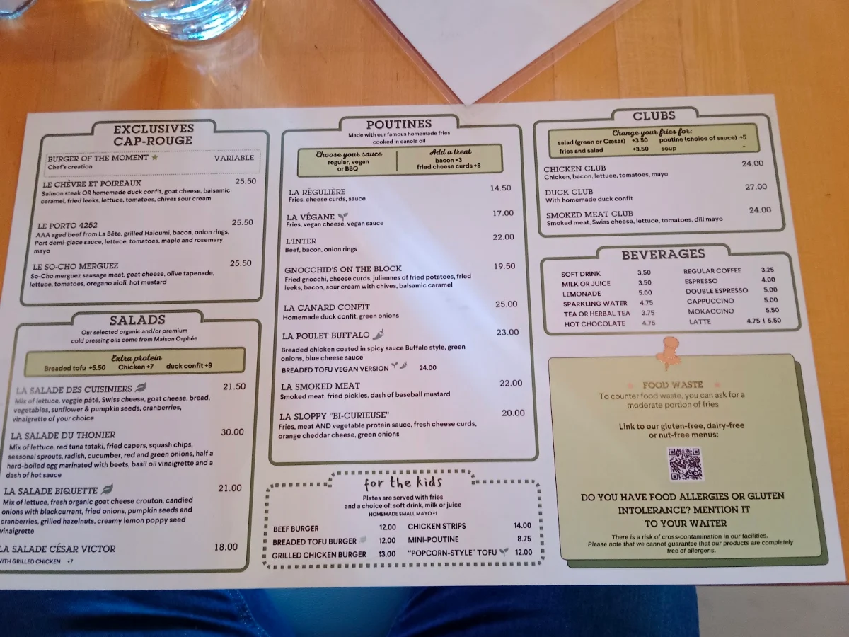 Menu, Chez Victor Cap-Rouge