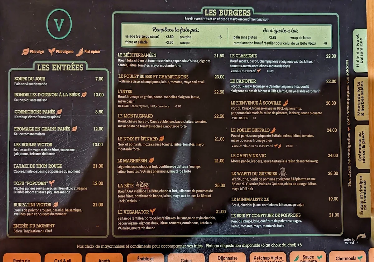 Menu, Chez Victor Cap-Rouge