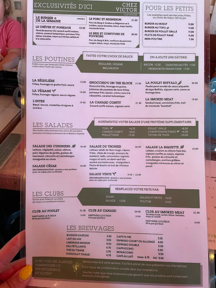 Menu, Chez Victor Cap-Rouge