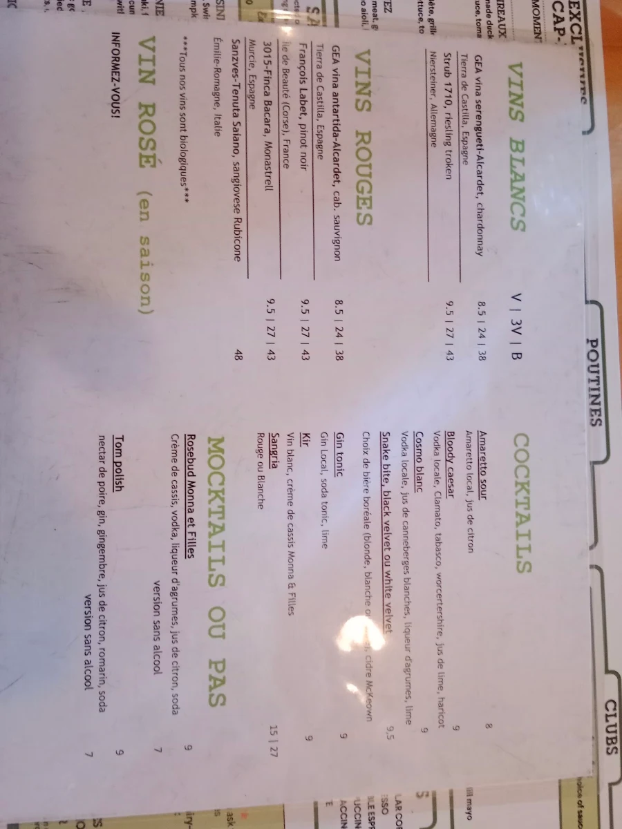 Menu, Chez Victor Cap-Rouge