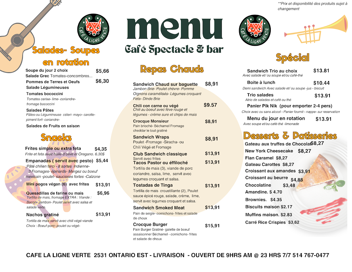 Menu, Café La Ligne Verte