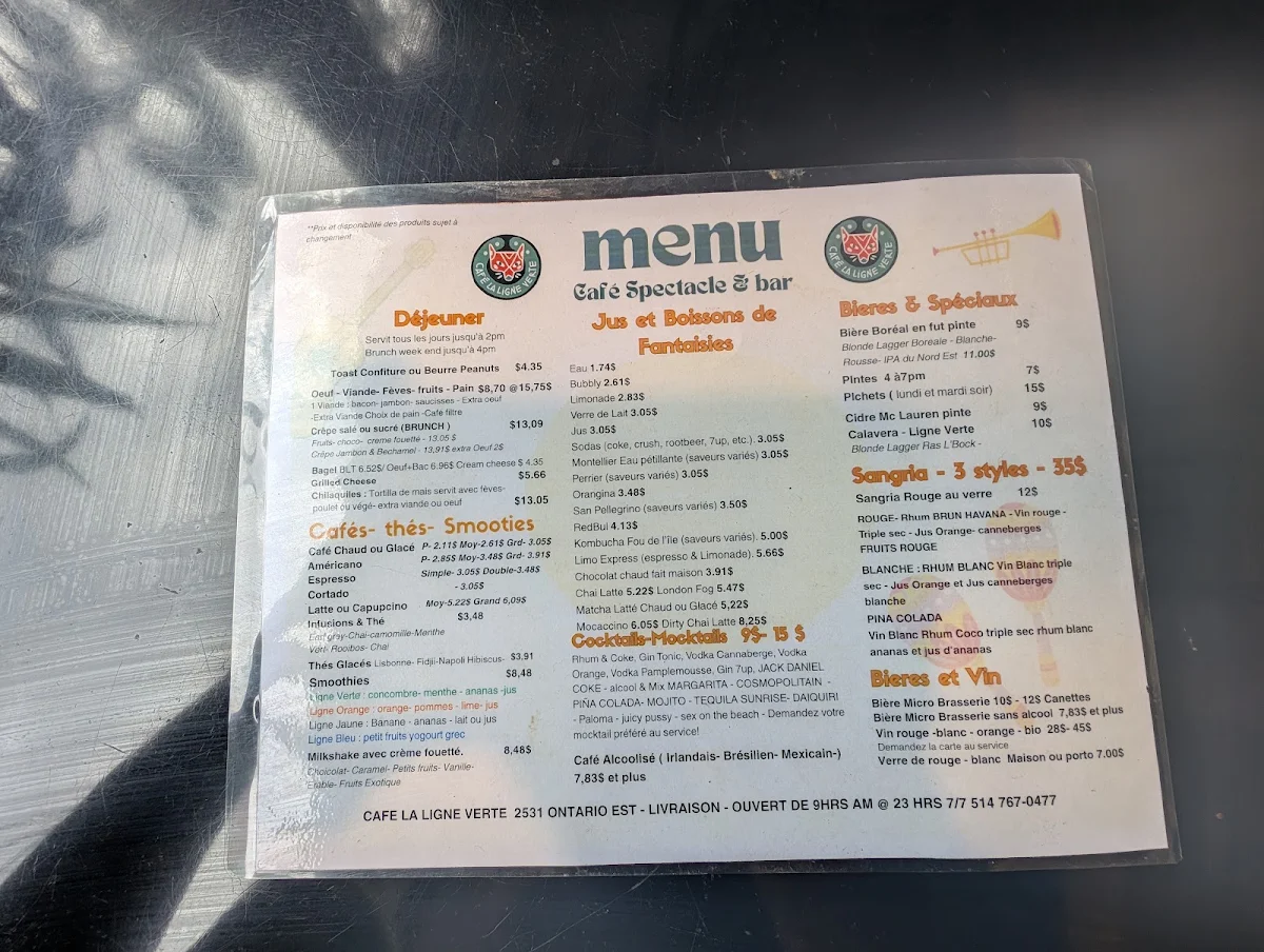 Menu, Café La Ligne Verte