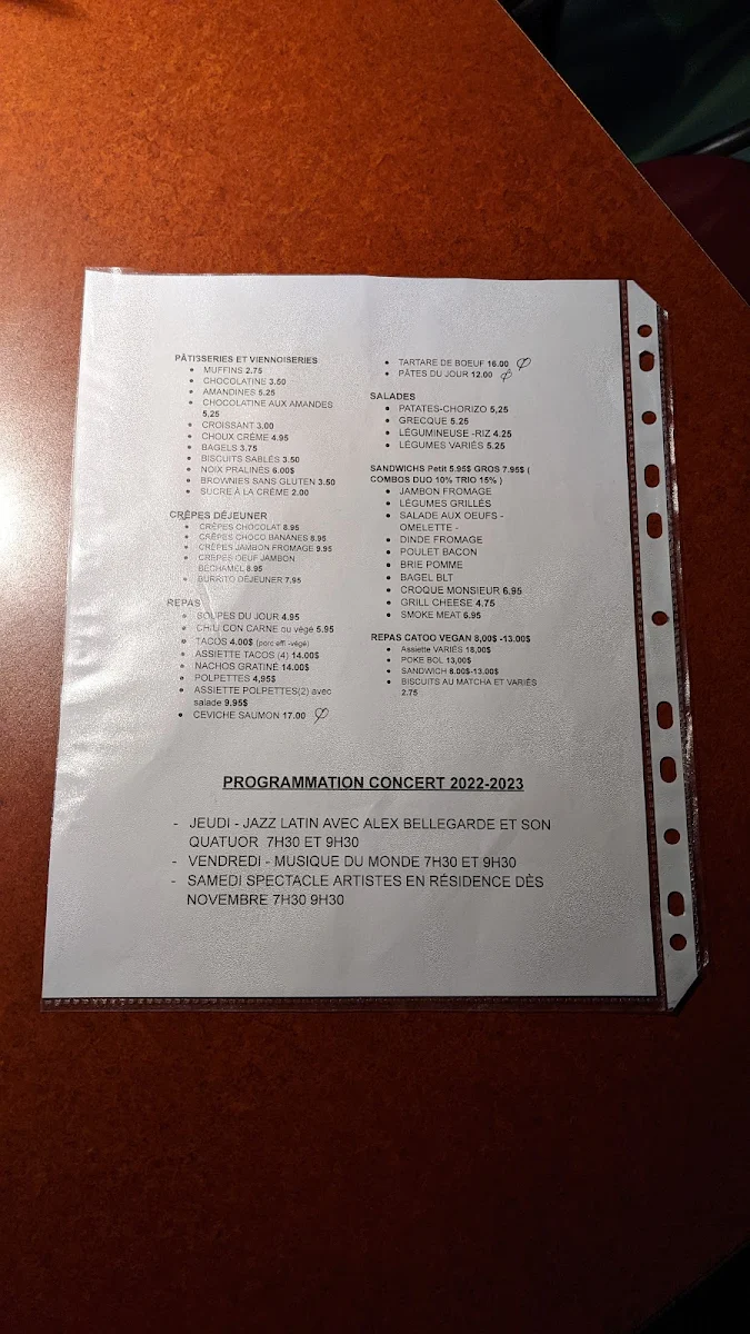 Menu, Café La Ligne Verte