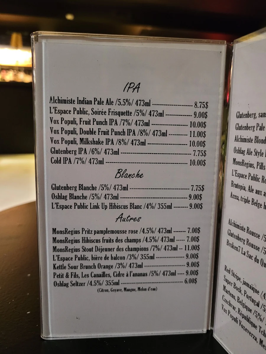 Menu, Café La Ligne Verte