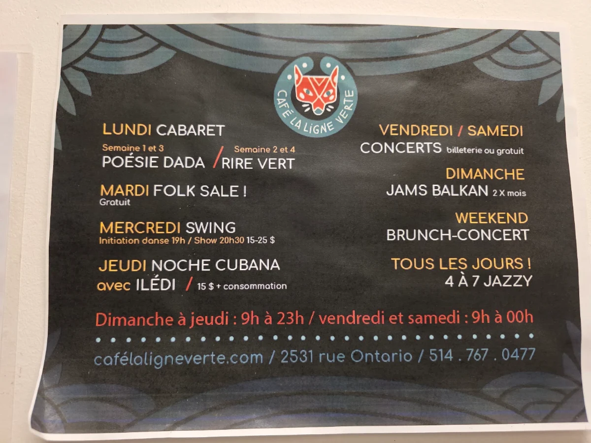 Menu, Café La Ligne Verte