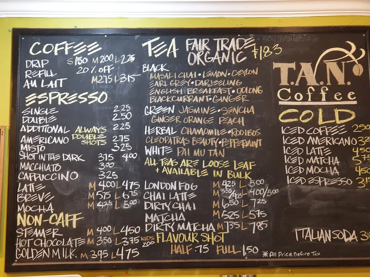 Menu, T.A.N. Coffee - Wolfville