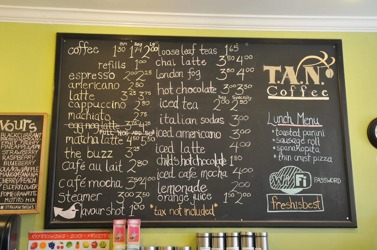 Menu, T.A.N. Coffee - Wolfville