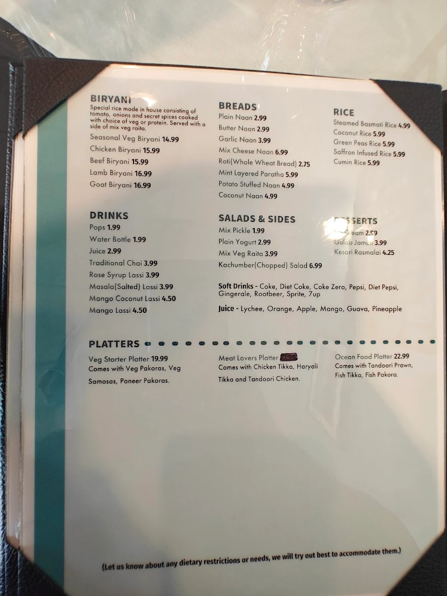 Menu, Indian Ocean Restaurant