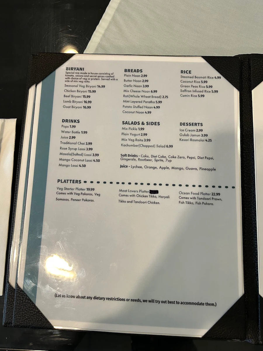 Menu, Indian Ocean Restaurant