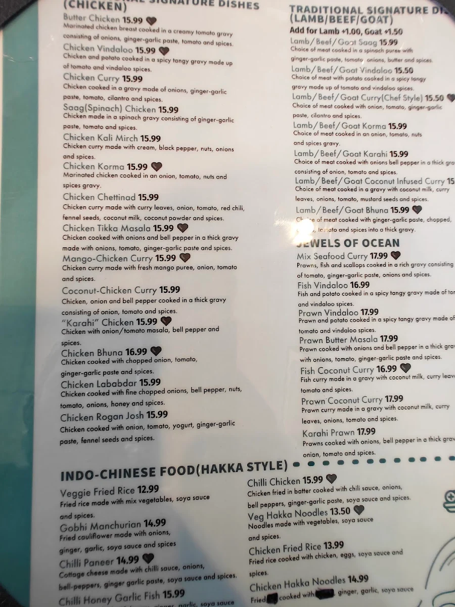 Menu, Indian Ocean Restaurant