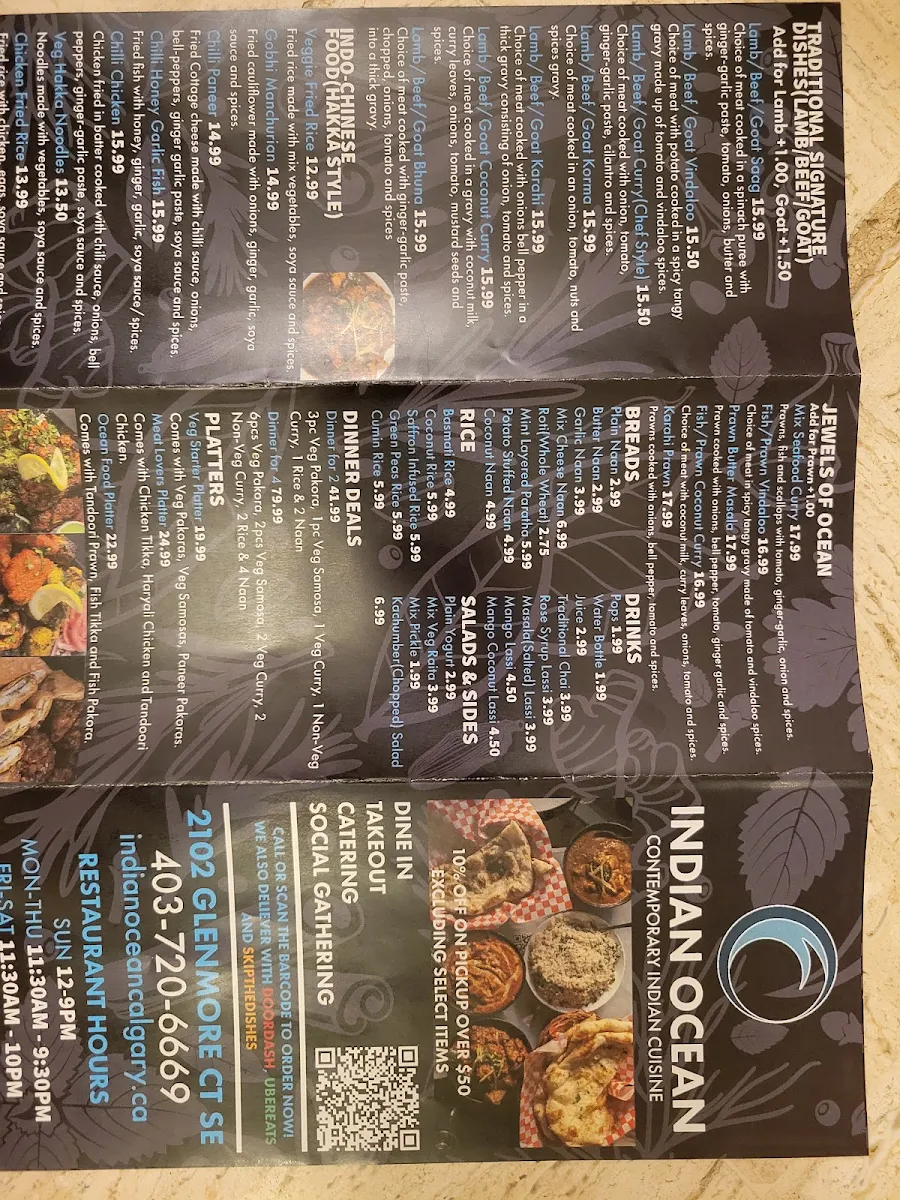 Menu, Indian Ocean Restaurant