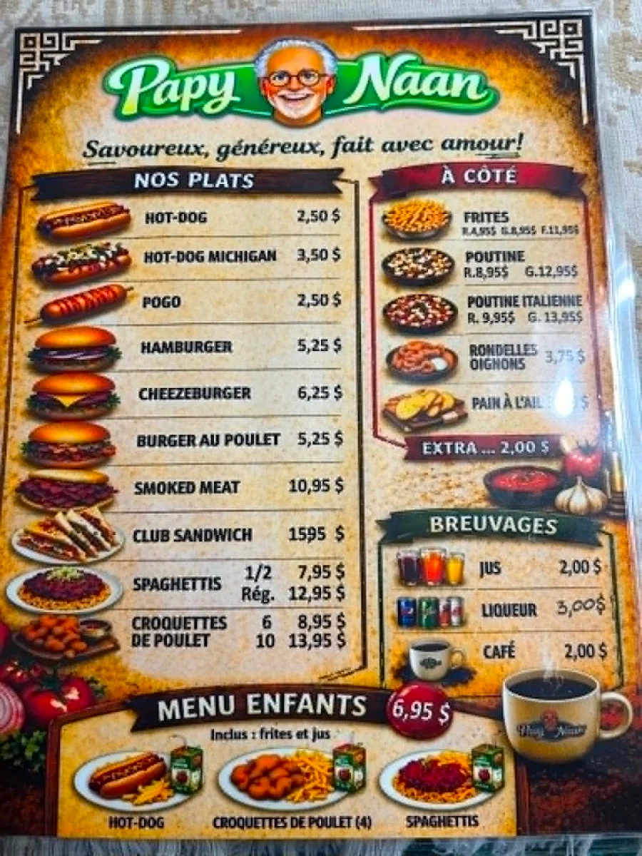 Menu, Restaurant Papy Naan