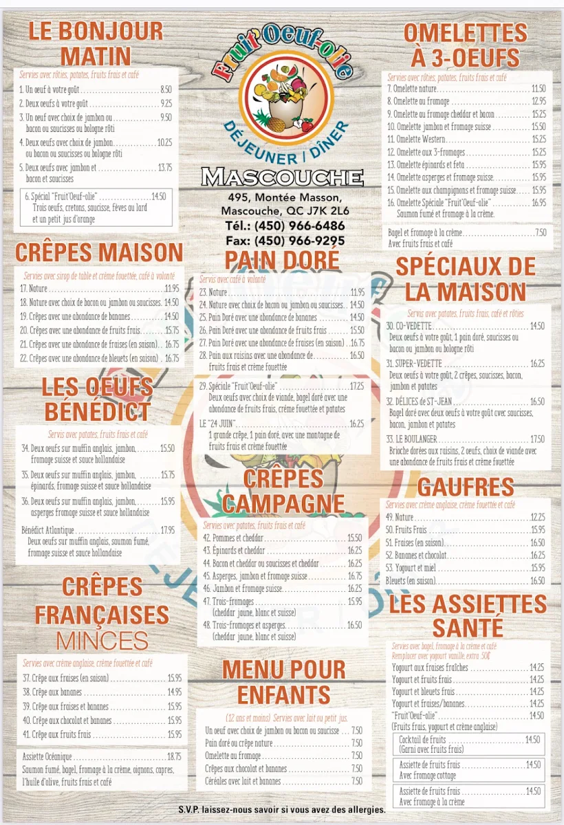 Menu, Fruit Oeufolie Mascouche