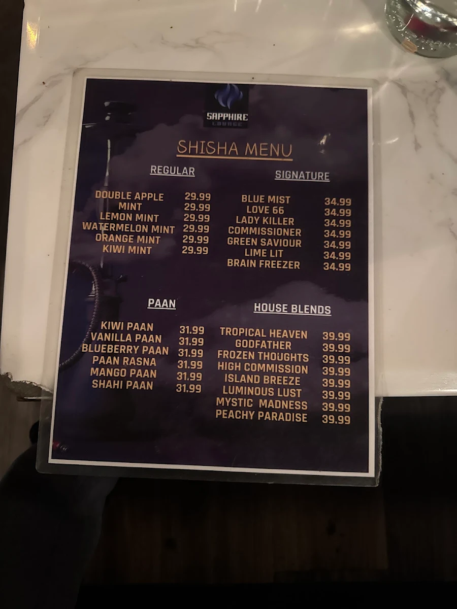 Menu, Sapphire Lounge