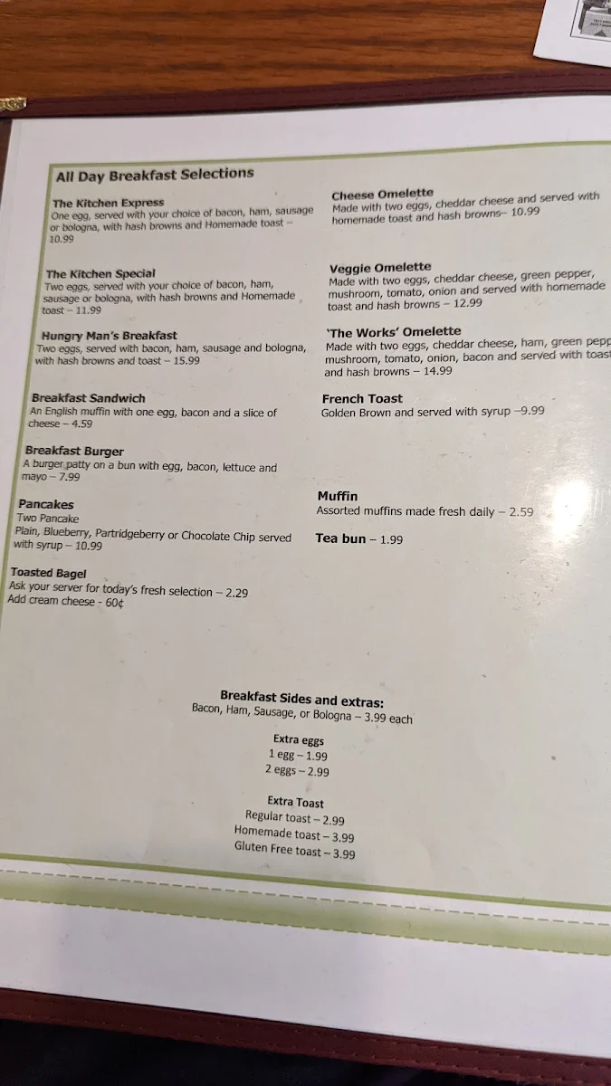 Menu, Country Kitchen