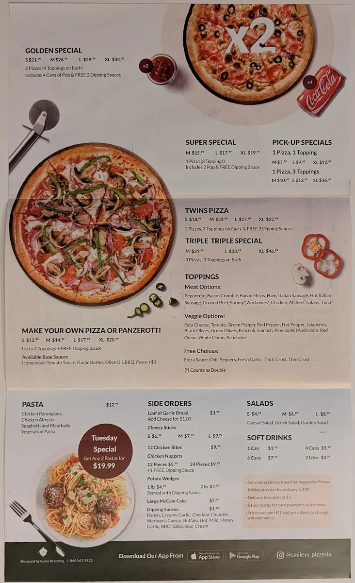 Menu, Smiley's Pizzeria