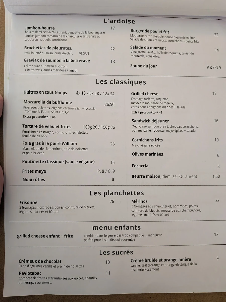 Menu, Tabac Villeray