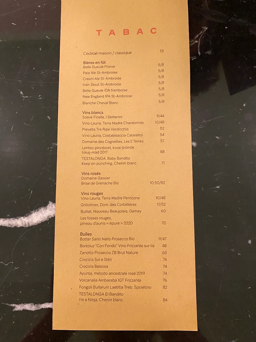 Menu, Tabac Villeray