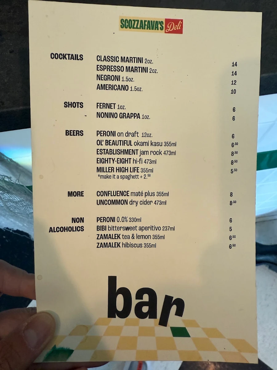 Menu, Scozzafava's Deli