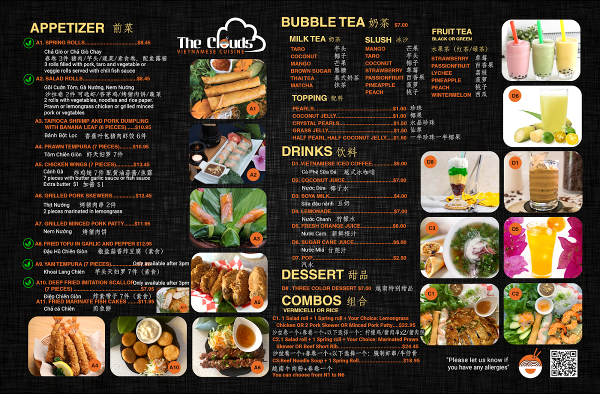 Menu, The Clouds Vietnamese Cuisine