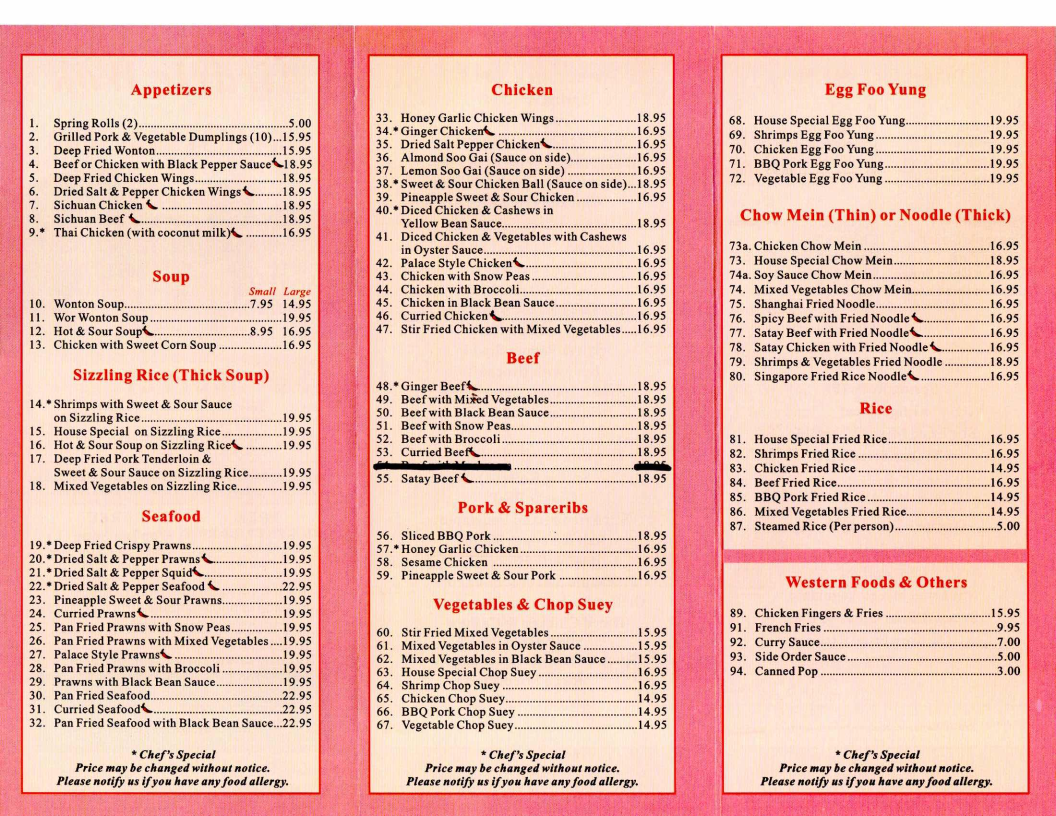 Menu, Airdrie Wok