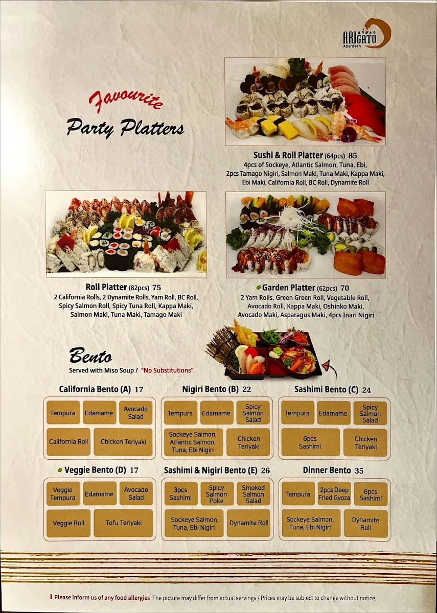 Menu, Arigato Sushi