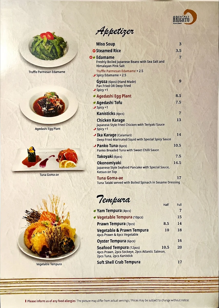 Menu, Arigato Sushi