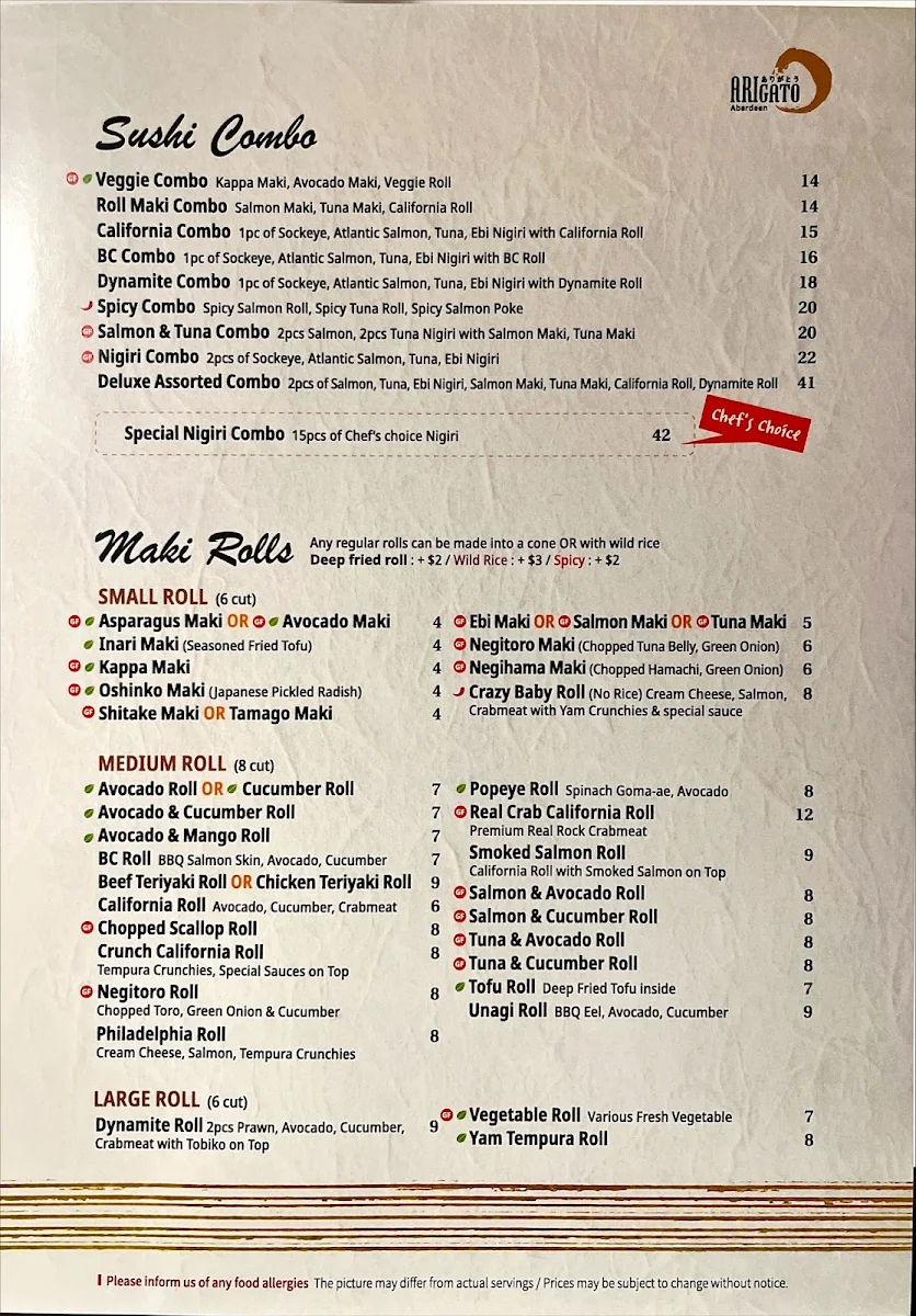 Menu, Arigato Sushi