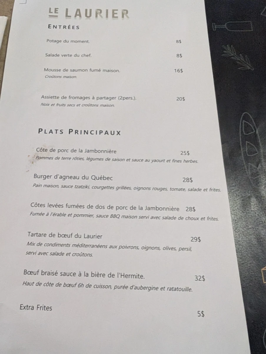 Menu, Restaurant Le Laurier