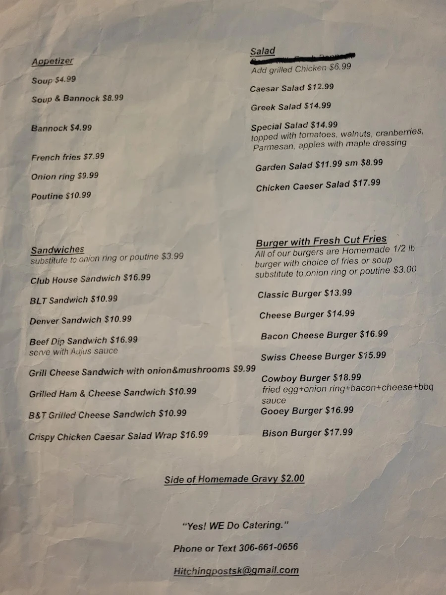 Menu, Hitching Post Restaurant