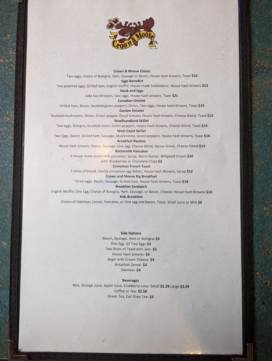Menu, Crown & Moose