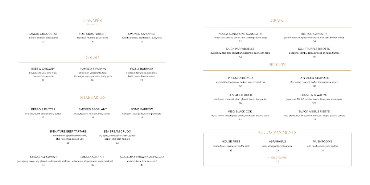 Menu, Dopamina Restaurant