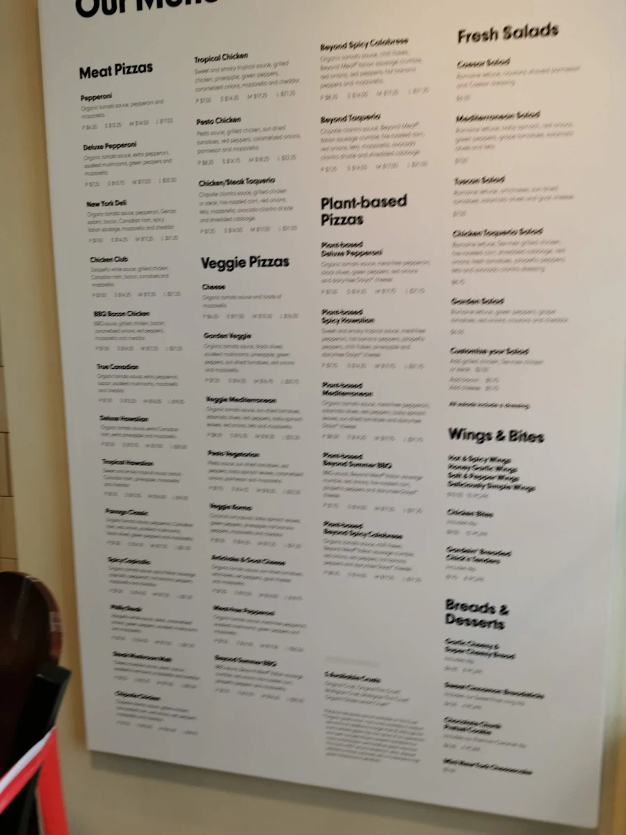 Menu, Panago Pizza