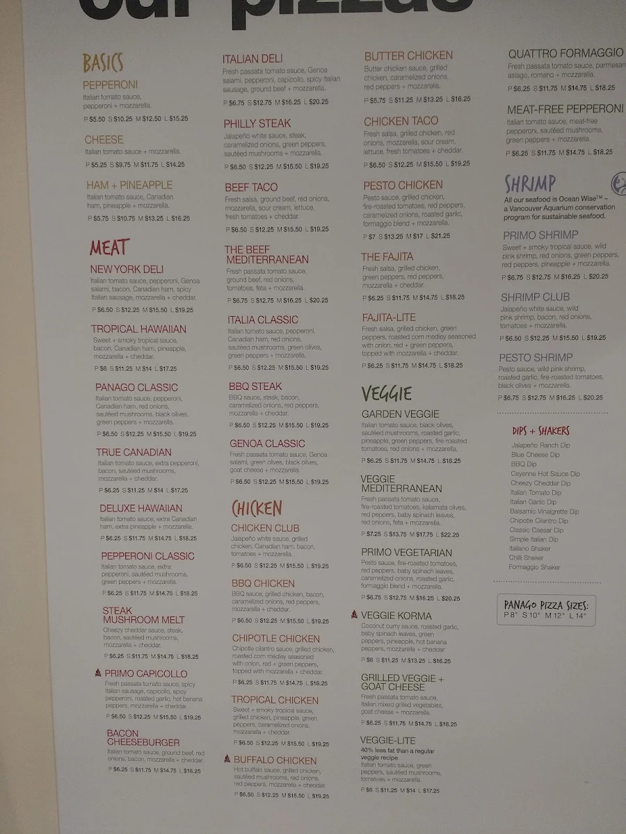 Menu, Panago Pizza