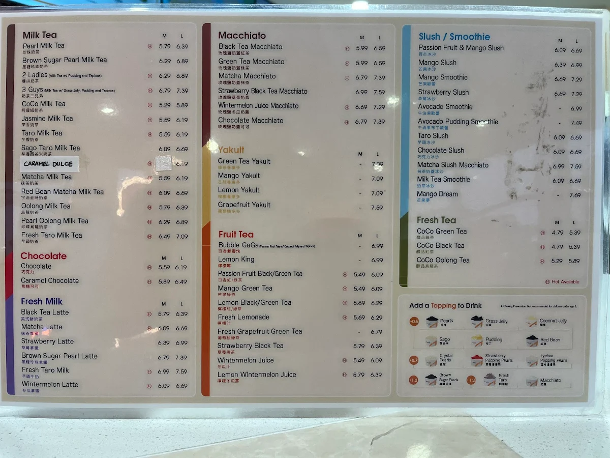Menu, CoCo Fresh Tea & Juice - Emerald Hills