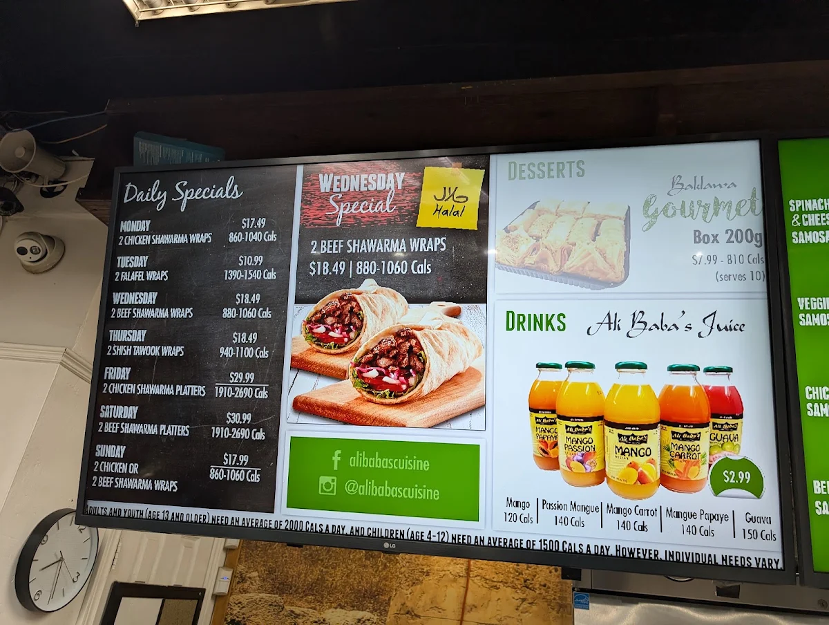 Menu, Ali Baba's Middle Eastern Cuisine - 197 Dundas St W