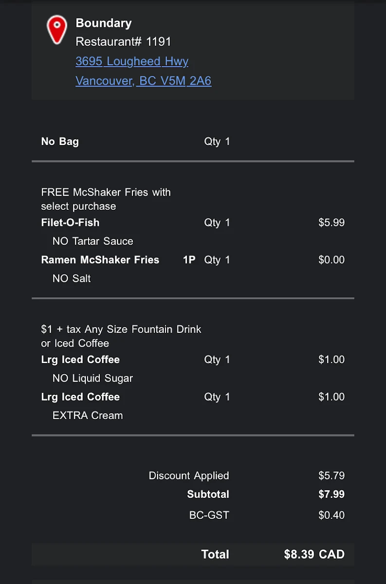 Menu, McDonald's